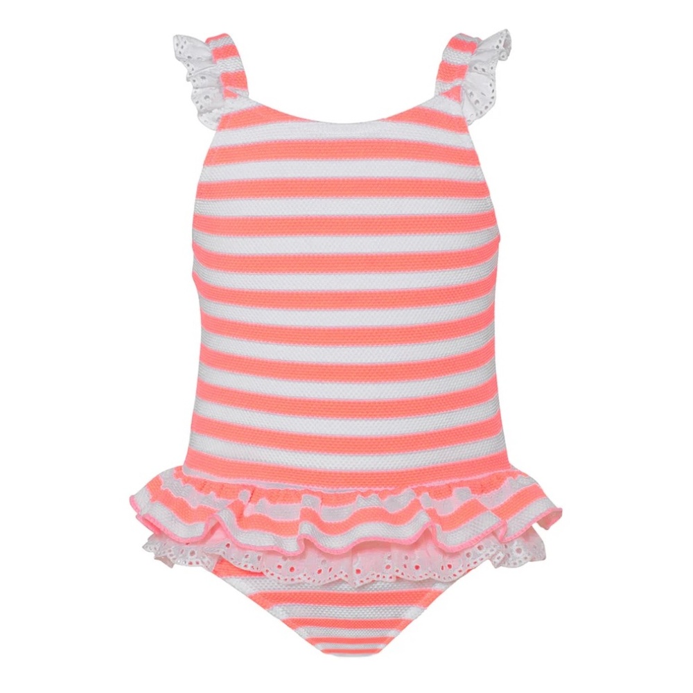 Sunuva Swimming Suit, 18-24 M, Sherbet Pink Striped Textured, Bow, Eyelet Ruffle